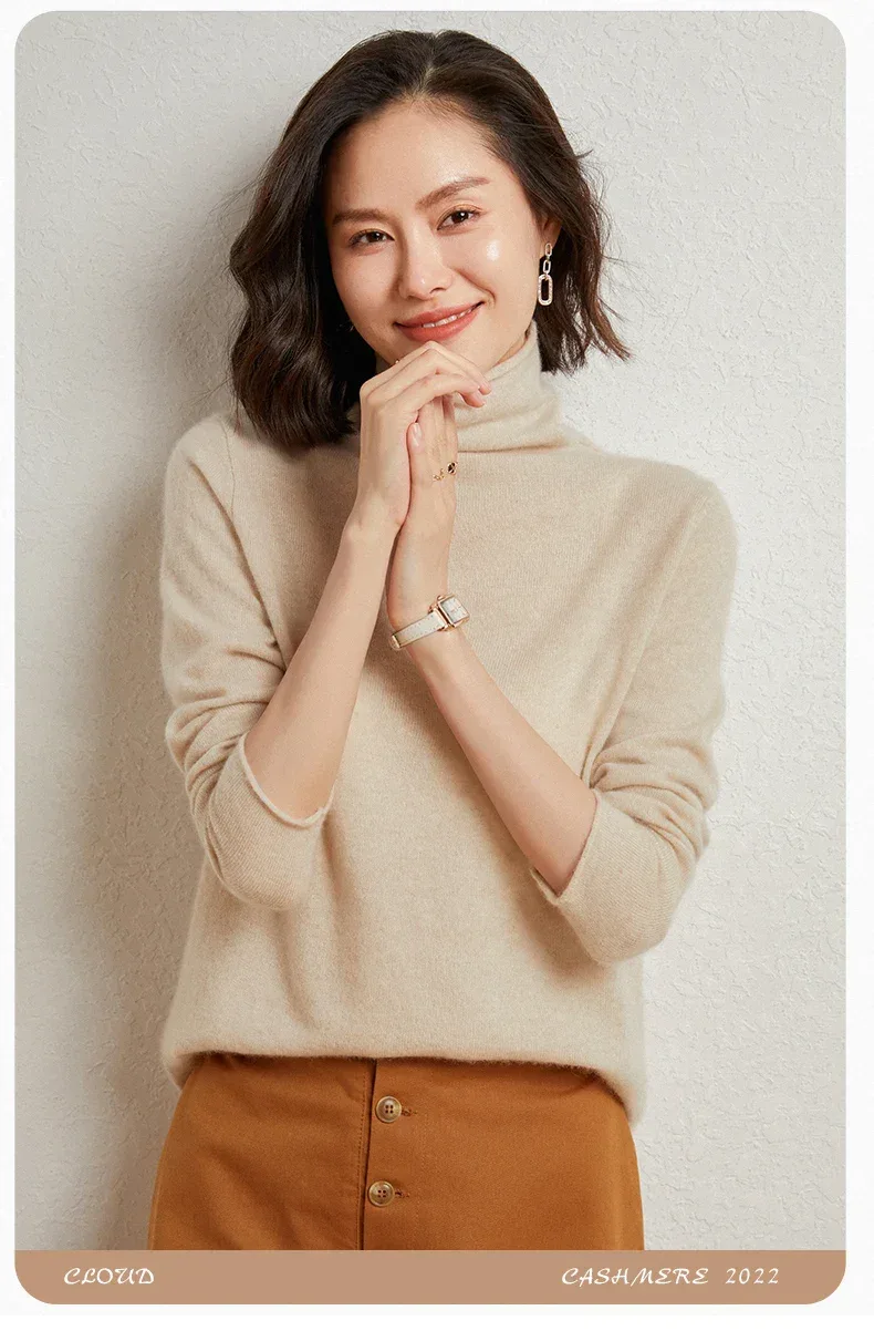 100%Merino Pure Wool Sweater Women's AutumnWinter Long Sleeve High Neck Pullover Warm High Quality Solid Color Basic Knit Jumper - Image 10