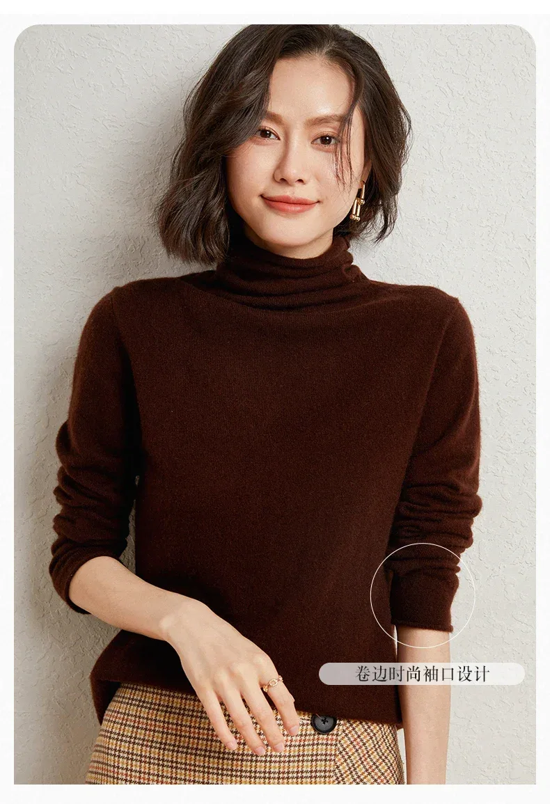 100%Merino Pure Wool Sweater Women's AutumnWinter Long Sleeve High Neck Pullover Warm High Quality Solid Color Basic Knit Jumper - Image 11