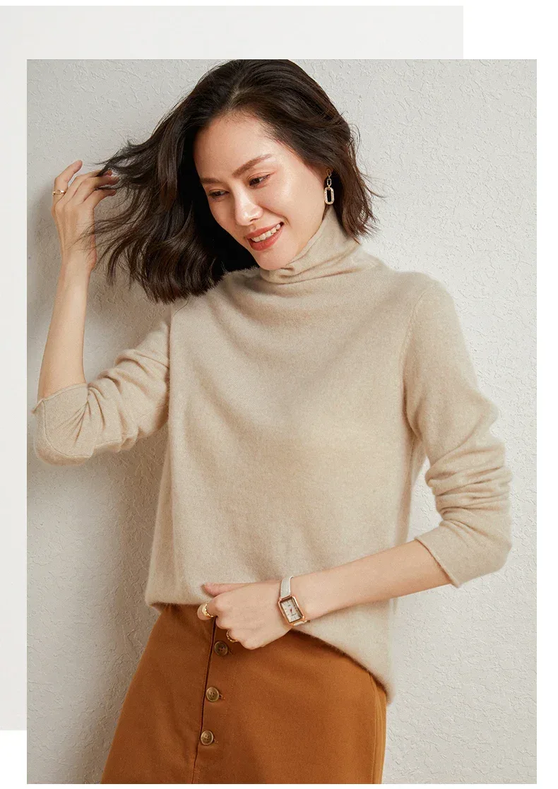100%Merino Pure Wool Sweater Women's AutumnWinter Long Sleeve High Neck Pullover Warm High Quality Solid Color Basic Knit Jumper - Image 14