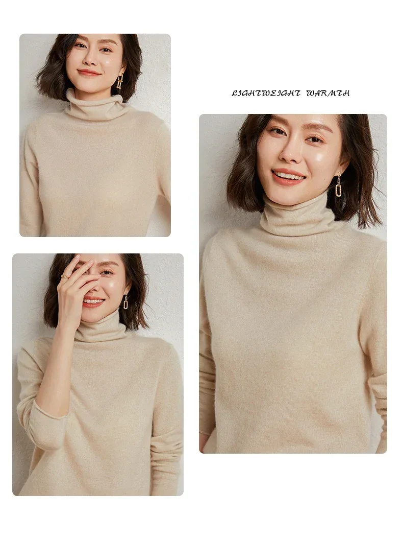 100%Merino Pure Wool Sweater Women's AutumnWinter Long Sleeve High Neck Pullover Warm High Quality Solid Color Basic Knit Jumper - Image 15