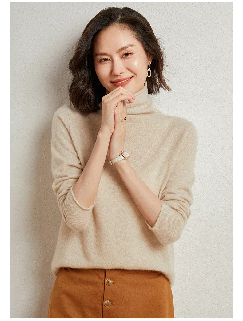 100%Merino Pure Wool Sweater Women's AutumnWinter Long Sleeve High Neck Pullover Warm High Quality Solid Color Basic Knit Jumper - Image 16