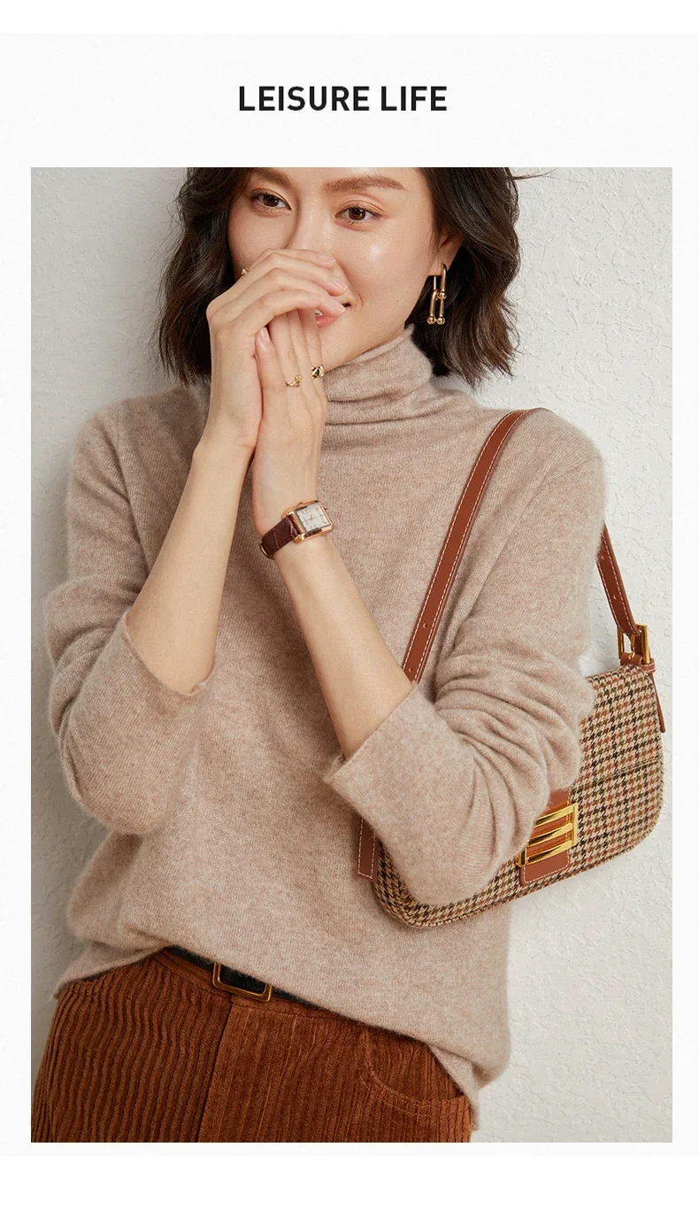 100%Merino Pure Wool Sweater Women's AutumnWinter Long Sleeve High Neck Pullover Warm High Quality Solid Color Basic Knit Jumper - Image 18