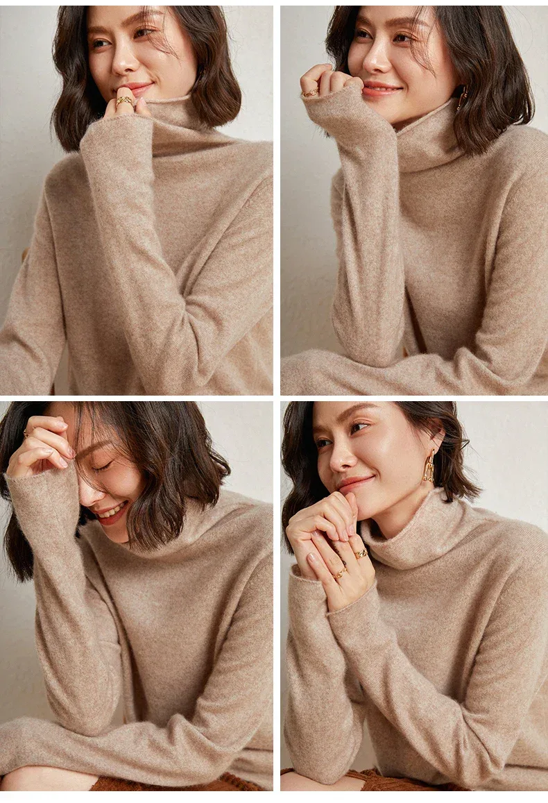 100%Merino Pure Wool Sweater Women's AutumnWinter Long Sleeve High Neck Pullover Warm High Quality Solid Color Basic Knit Jumper - Image 19