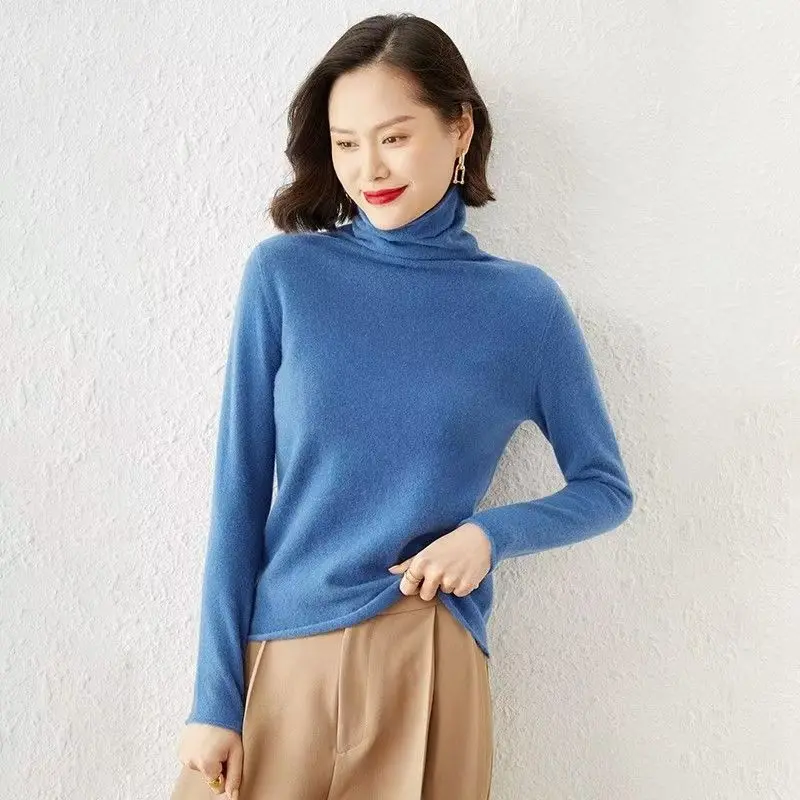 100%Merino Pure Wool Sweater Women's AutumnWinter Long Sleeve High Neck Pullover Warm High Quality Solid Color Basic Knit Jumper - Image 2