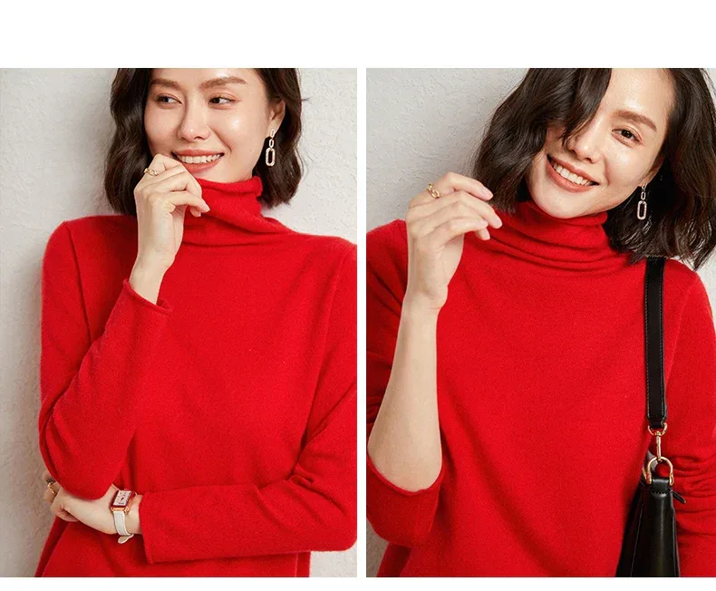 100%Merino Pure Wool Sweater Women's AutumnWinter Long Sleeve High Neck Pullover Warm High Quality Solid Color Basic Knit Jumper - Image 25