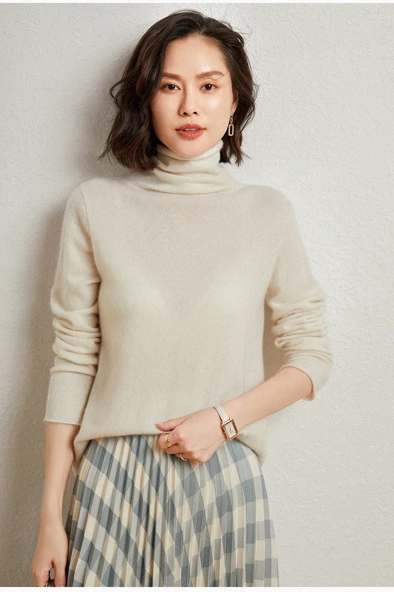 100%Merino Pure Wool Sweater Women's AutumnWinter Long Sleeve High Neck Pullover Warm High Quality Solid Color Basic Knit Jumper - Image 27