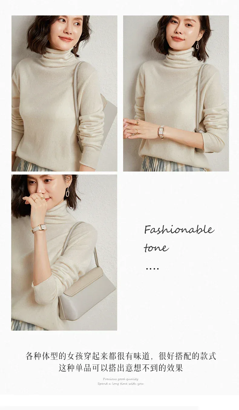 100%Merino Pure Wool Sweater Women's AutumnWinter Long Sleeve High Neck Pullover Warm High Quality Solid Color Basic Knit Jumper - Image 29