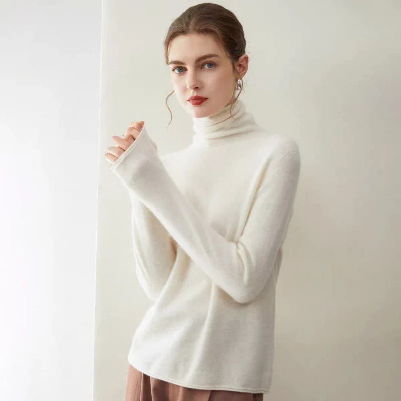 100%Merino Pure Wool Sweater Women's AutumnWinter Long Sleeve High Neck Pullover Warm High Quality Solid Color Basic Knit Jumper - Image 3