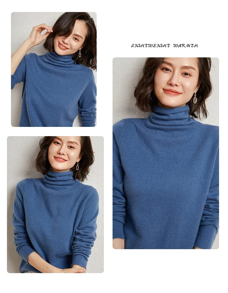 100%Merino Pure Wool Sweater Women's AutumnWinter Long Sleeve High Neck Pullover Warm High Quality Solid Color Basic Knit Jumper - Image 31