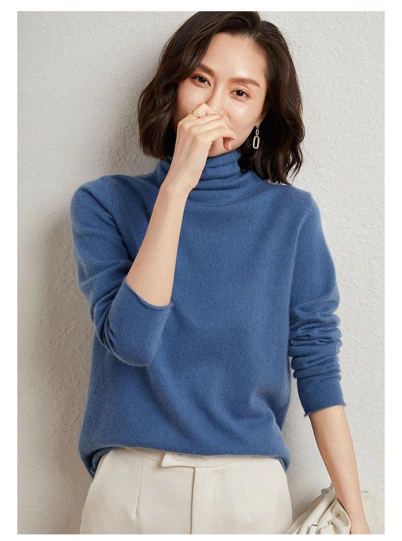 100%Merino Pure Wool Sweater Women's AutumnWinter Long Sleeve High Neck Pullover Warm High Quality Solid Color Basic Knit Jumper - Image 32