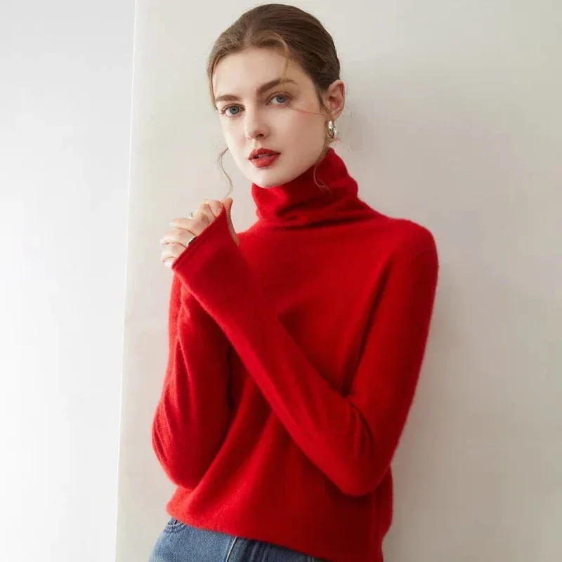 100%Merino Pure Wool Sweater Women's AutumnWinter Long Sleeve High Neck Pullover Warm High Quality Solid Color Basic Knit Jumper - Image 4