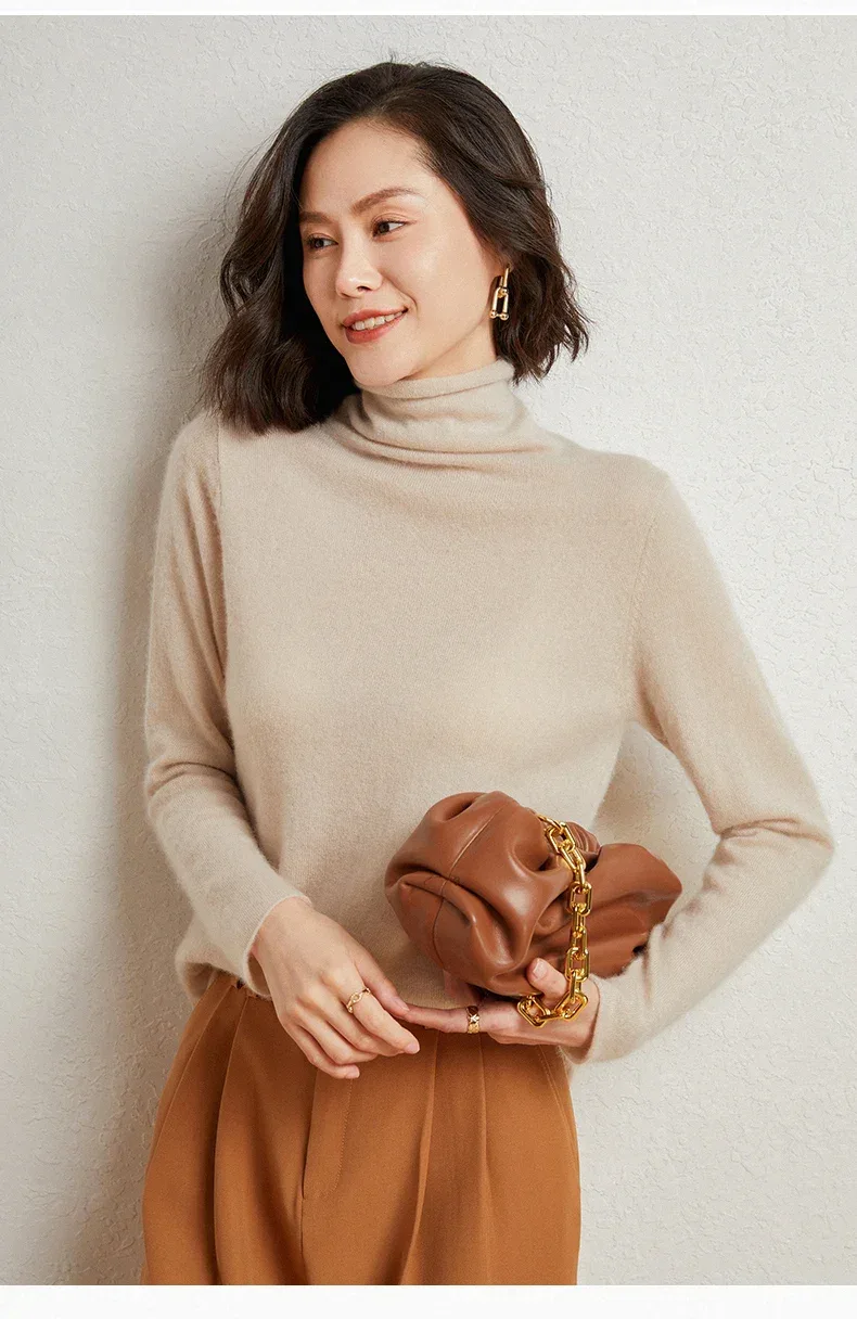 100%Merino Pure Wool Sweater Women's AutumnWinter Long Sleeve High Neck Pullover Warm High Quality Solid Color Basic Knit Jumper - Image 40