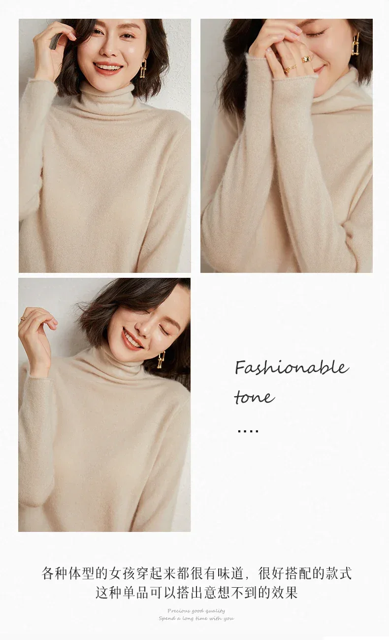 100%Merino Pure Wool Sweater Women's AutumnWinter Long Sleeve High Neck Pullover Warm High Quality Solid Color Basic Knit Jumper - Image 41