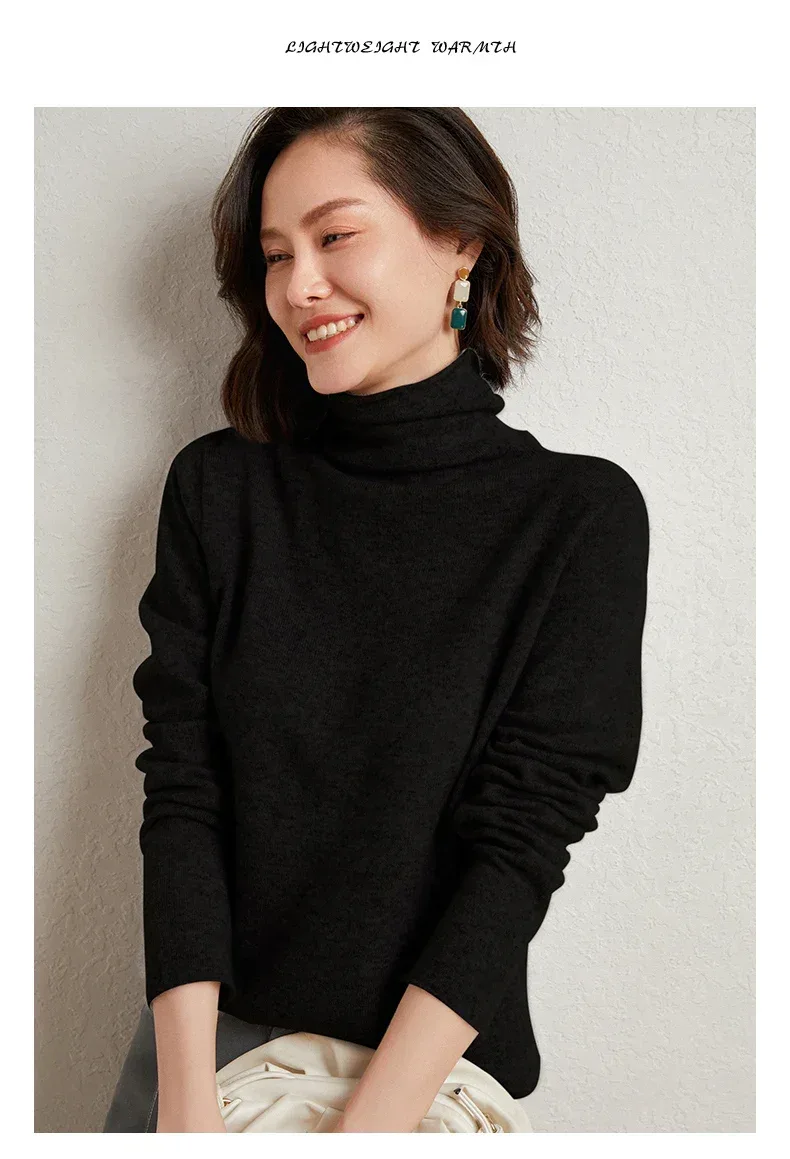 100%Merino Pure Wool Sweater Women's AutumnWinter Long Sleeve High Neck Pullover Warm High Quality Solid Color Basic Knit Jumper - Image 43