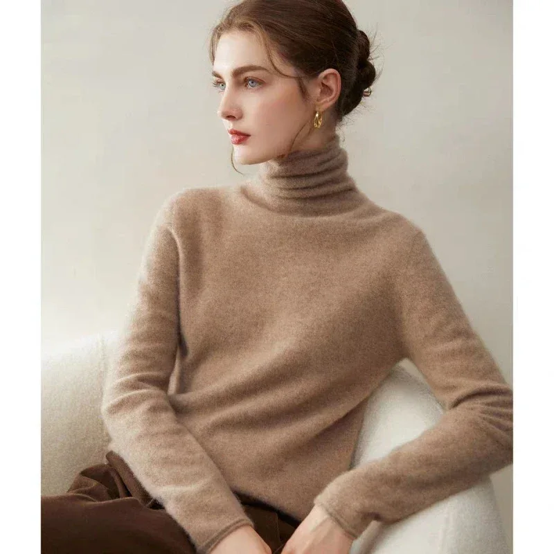 100%Merino Pure Wool Sweater Women's AutumnWinter Long Sleeve High Neck Pullover Warm High Quality Solid Color Basic Knit Jumper - Image 5