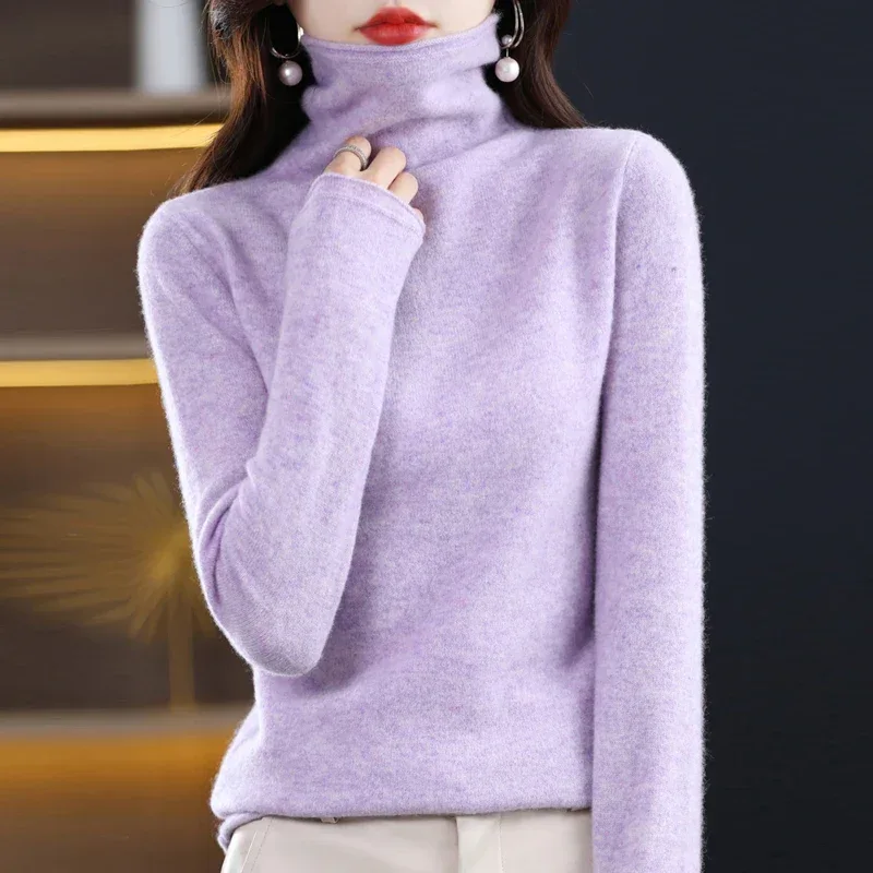 100%Merino Pure Wool Sweater Women's AutumnWinter Long Sleeve High Neck Pullover Warm High Quality Solid Color Basic Knit Jumper - Image 53