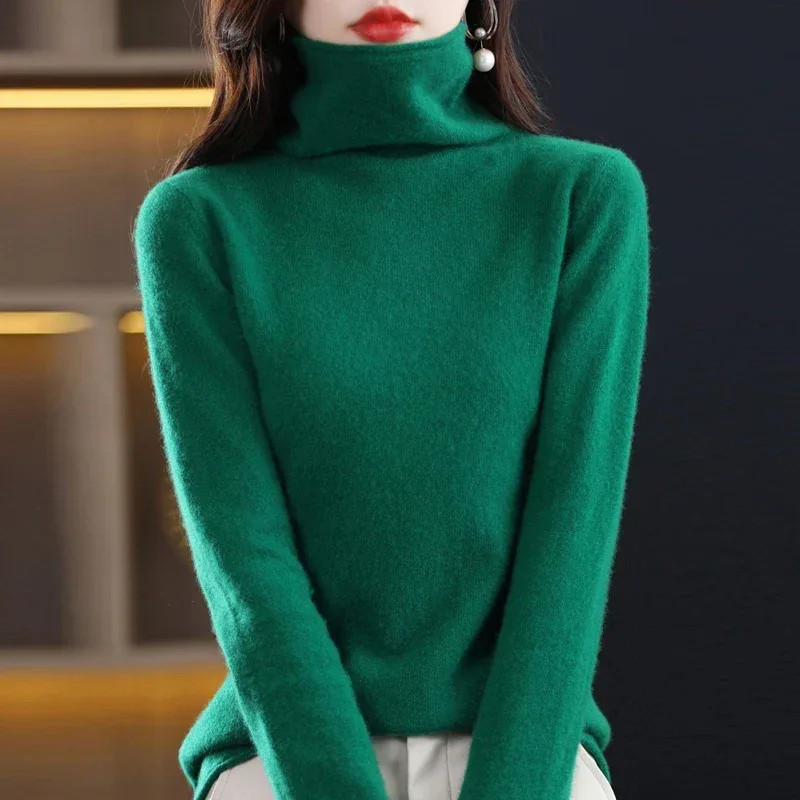100%Merino Pure Wool Sweater Women's AutumnWinter Long Sleeve High Neck Pullover Warm High Quality Solid Color Basic Knit Jumper - Image 58