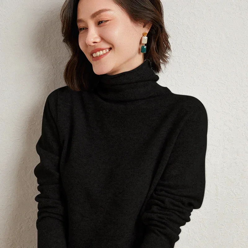 100%Merino Pure Wool Sweater Women's AutumnWinter Long Sleeve High Neck Pullover Warm High Quality Solid Color Basic Knit Jumper - Image 60