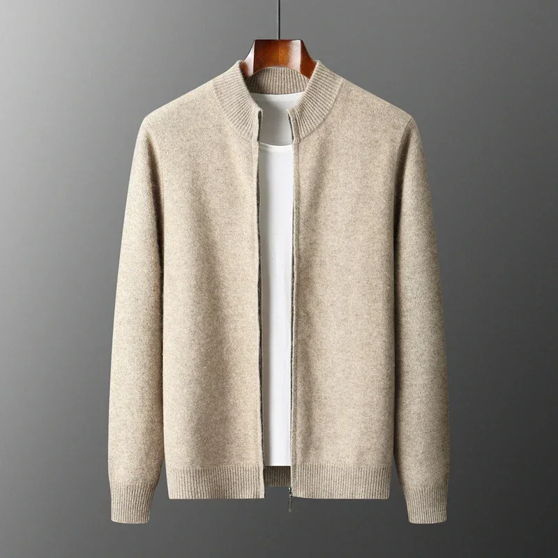 100% Merino Wool Men's Warm Sweater Mock Collar Thickened Zippered Cardigan Autumn Winter New Cashmere Knitted Long Sleeve Tops