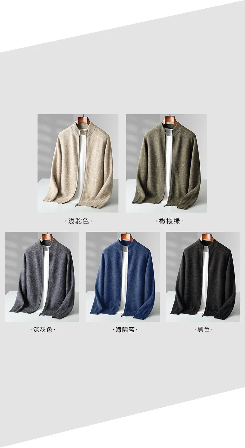 100% Merino Wool Men's Warm Sweater Mock Collar Thickened Zippered Cardigan Autumn Winter New Cashmere Knitted Long Sleeve Tops - Image 16