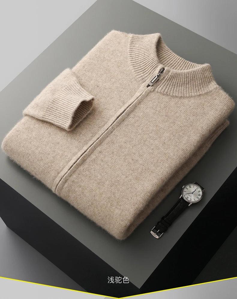 100% Merino Wool Men's Warm Sweater Mock Collar Thickened Zippered Cardigan Autumn Winter New Cashmere Knitted Long Sleeve Tops - Image 21