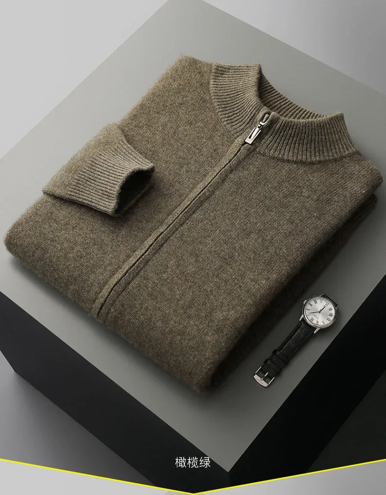 100% Merino Wool Men's Warm Sweater Mock Collar Thickened Zippered Cardigan Autumn Winter New Cashmere Knitted Long Sleeve Tops - Image 22