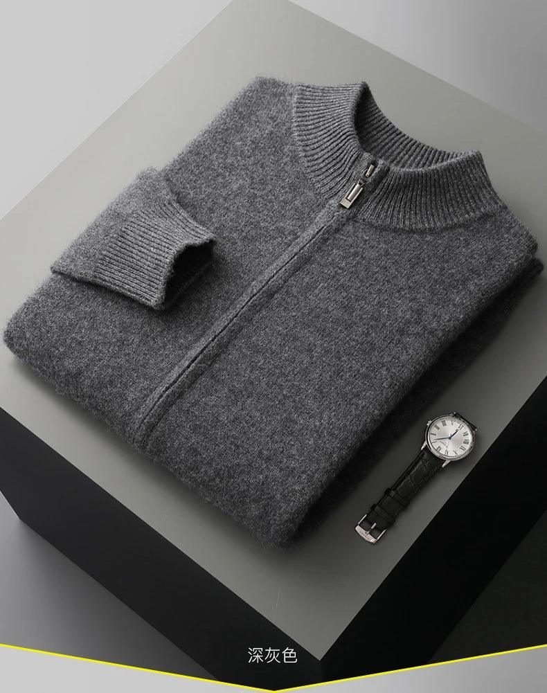 100% Merino Wool Men's Warm Sweater Mock Collar Thickened Zippered Cardigan Autumn Winter New Cashmere Knitted Long Sleeve Tops - Image 23