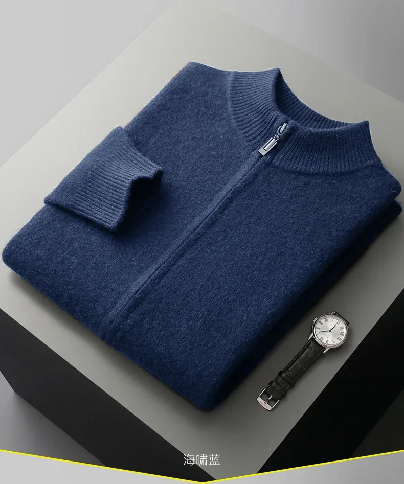 100% Merino Wool Men's Warm Sweater Mock Collar Thickened Zippered Cardigan Autumn Winter New Cashmere Knitted Long Sleeve Tops - Image 24