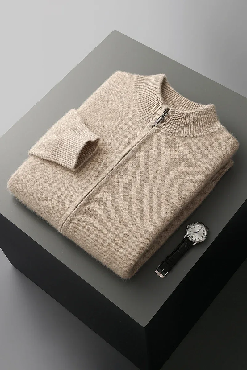 100% Merino Wool Men's Warm Sweater Mock Collar Thickened Zippered Cardigan Autumn Winter New Cashmere Knitted Long Sleeve Tops - Image 26