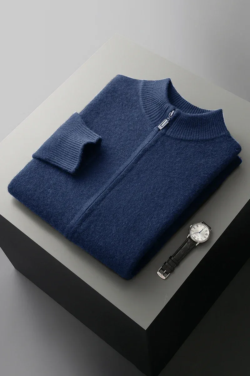 100% Merino Wool Men's Warm Sweater Mock Collar Thickened Zippered Cardigan Autumn Winter New Cashmere Knitted Long Sleeve Tops - Image 29