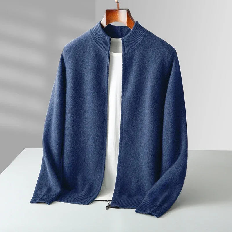 100% Merino Wool Men's Warm Sweater Mock Collar Thickened Zippered Cardigan Autumn Winter New Cashmere Knitted Long Sleeve Tops - Image 3