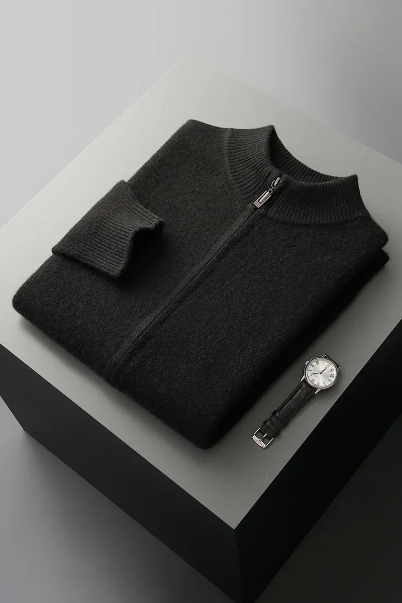 100% Merino Wool Men's Warm Sweater Mock Collar Thickened Zippered Cardigan Autumn Winter New Cashmere Knitted Long Sleeve Tops - Image 30