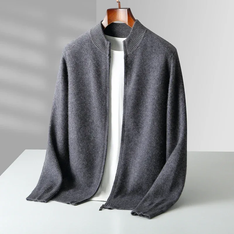 100% Merino Wool Men's Warm Sweater Mock Collar Thickened Zippered Cardigan Autumn Winter New Cashmere Knitted Long Sleeve Tops - Image 4