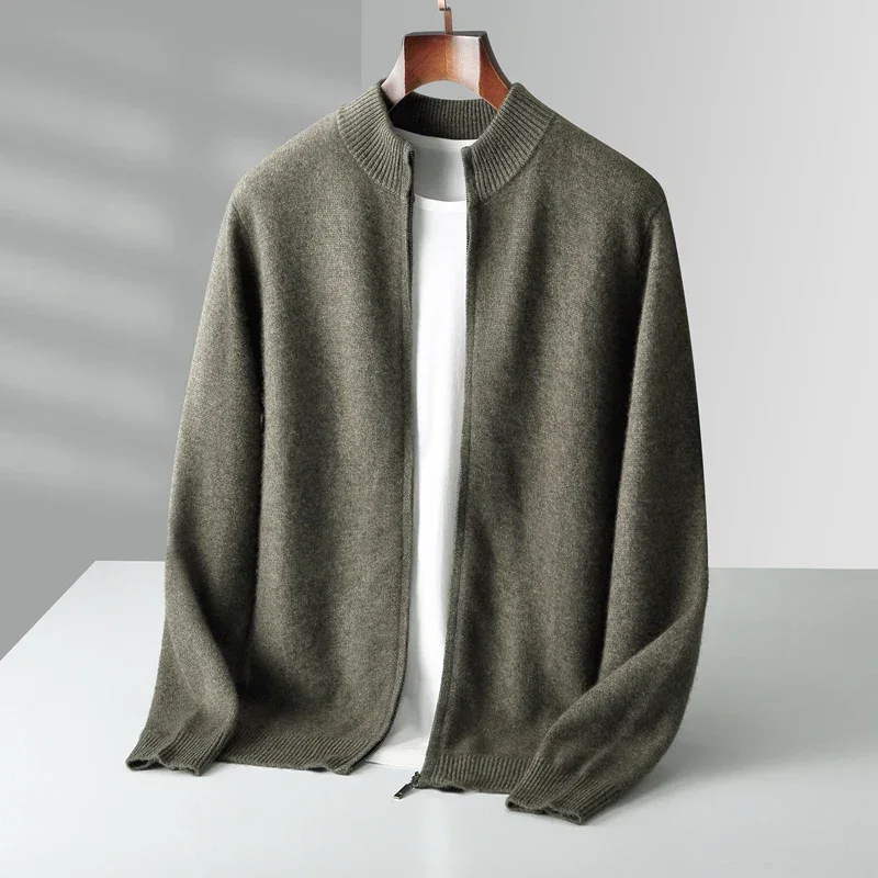 100% Merino Wool Men's Warm Sweater Mock Collar Thickened Zippered Cardigan Autumn Winter New Cashmere Knitted Long Sleeve Tops - Image 5