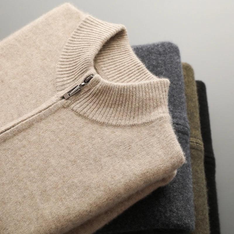 100% Merino Wool Men's Warm Sweater Mock Collar Thickened Zippered Cardigan Autumn Winter New Cashmere Knitted Long Sleeve Tops - Image 6