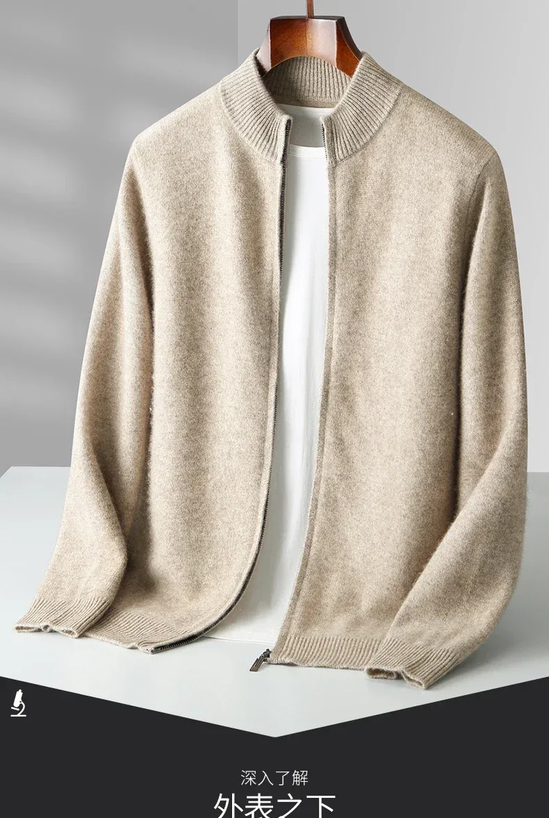 100% Merino Wool Men's Warm Sweater Mock Collar Thickened Zippered Cardigan Autumn Winter New Cashmere Knitted Long Sleeve Tops - Image 7
