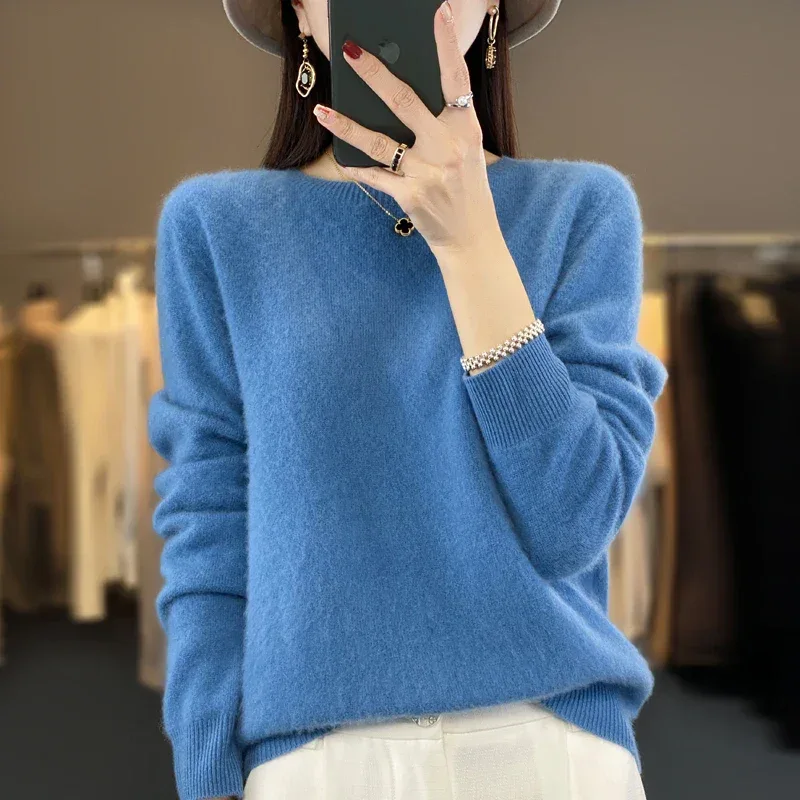 100% Merino Wool Sweater Women O-neck Cashmere Knitwear Female Pullover Autumn Winter Casual Tops Solid Color Soft Clothing - Image 2