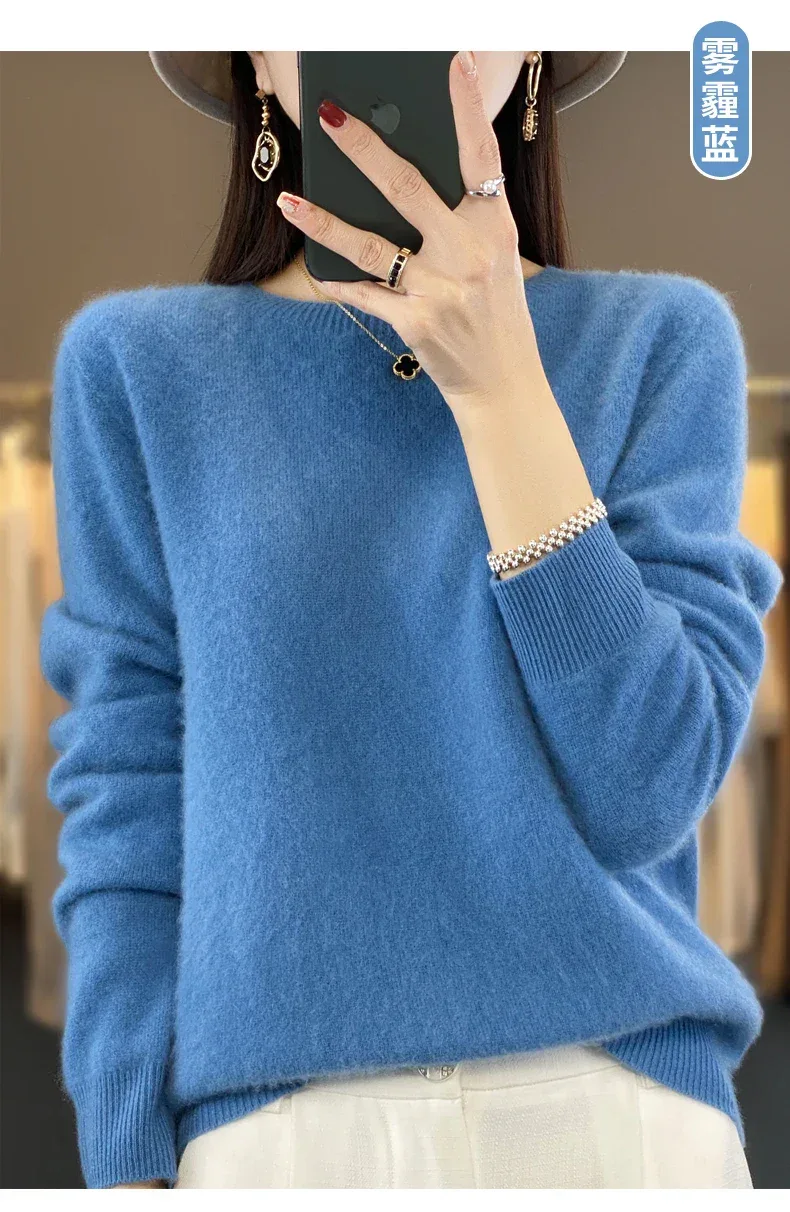 100% Merino Wool Sweater Women O-neck Cashmere Knitwear Female Pullover Autumn Winter Casual Tops Solid Color Soft Clothing - Image 37