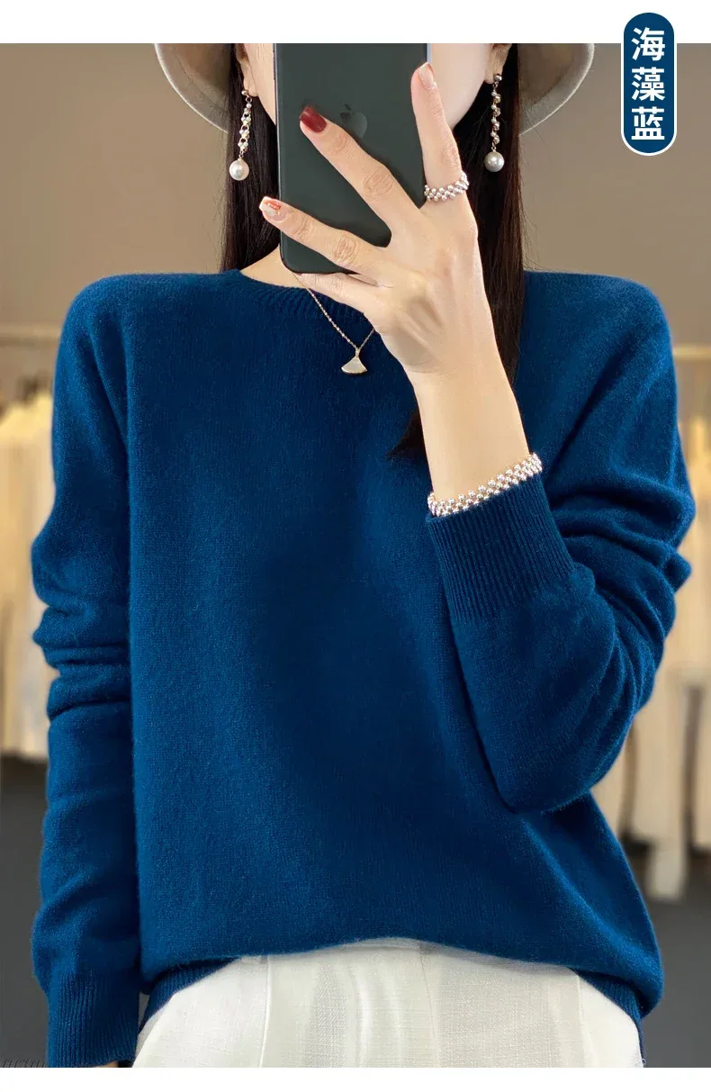 100% Merino Wool Sweater Women O-neck Cashmere Knitwear Female Pullover Autumn Winter Casual Tops Solid Color Soft Clothing - Image 41