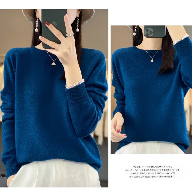 100% Merino Wool Sweater Women O-neck Cashmere Knitwear Female Pullover Autumn Winter Casual Tops Solid Color Soft Clothing - Image 42