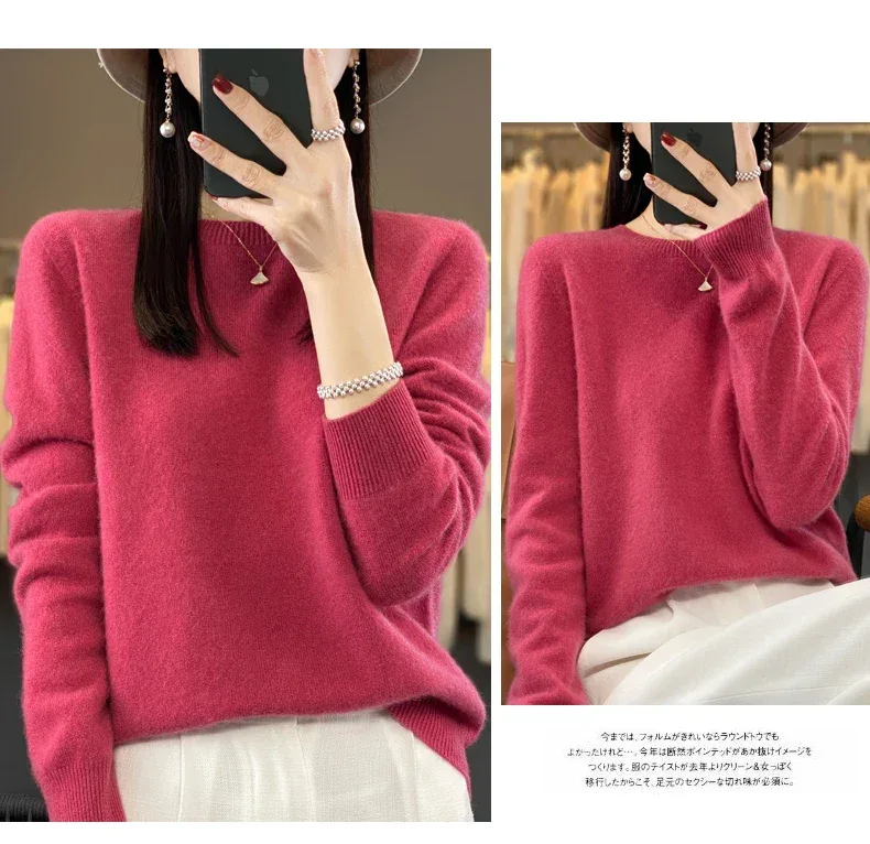 100% Merino Wool Sweater Women O-neck Cashmere Knitwear Female Pullover Autumn Winter Casual Tops Solid Color Soft Clothing - Image 44