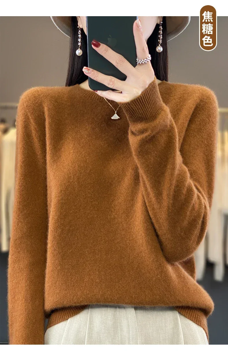 100% Merino Wool Sweater Women O-neck Cashmere Knitwear Female Pullover Autumn Winter Casual Tops Solid Color Soft Clothing - Image 51