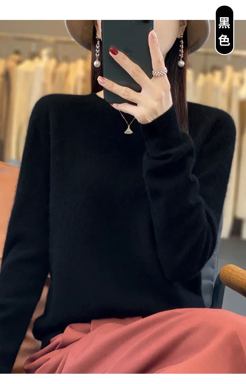 100% Merino Wool Sweater Women O-neck Cashmere Knitwear Female Pullover Autumn Winter Casual Tops Solid Color Soft Clothing - Image 53