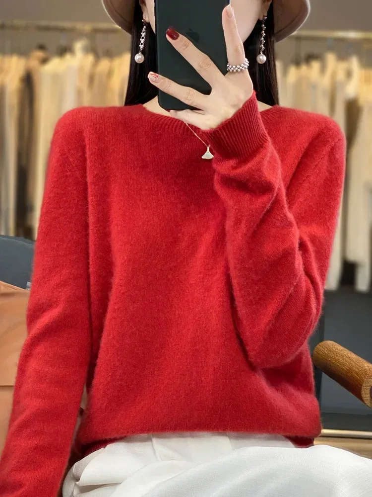 100% Merino Wool Sweater Women O-neck Cashmere Knitwear Female Pullover Autumn Winter Casual Tops Solid Color Soft Clothing - Image 56