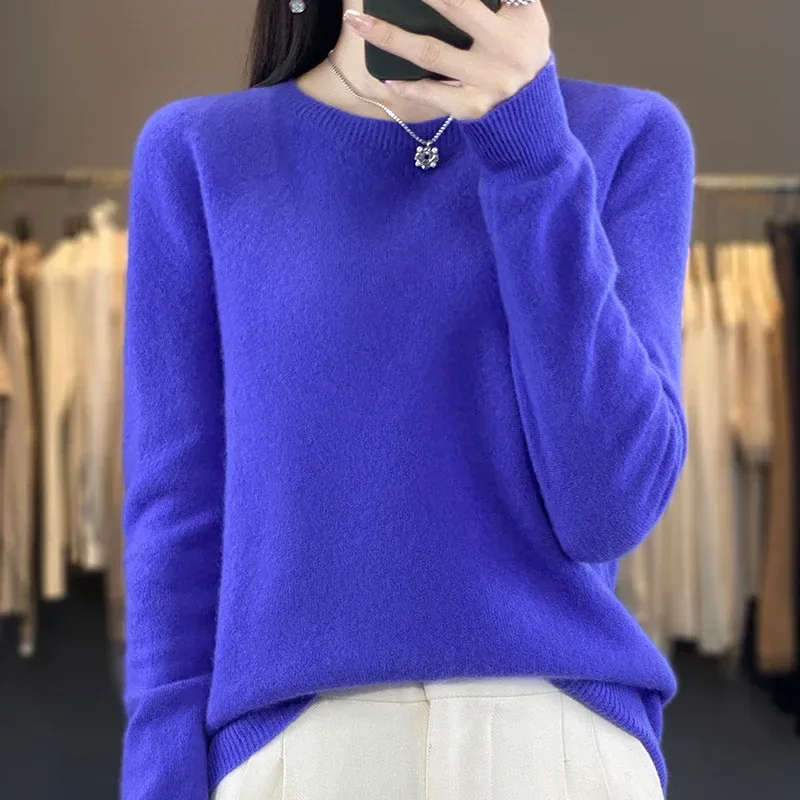 100% Merino Wool Sweater Women O-neck Cashmere Knitwear Female Pullover Autumn Winter Casual Tops Solid Color Soft Clothing - Image 60