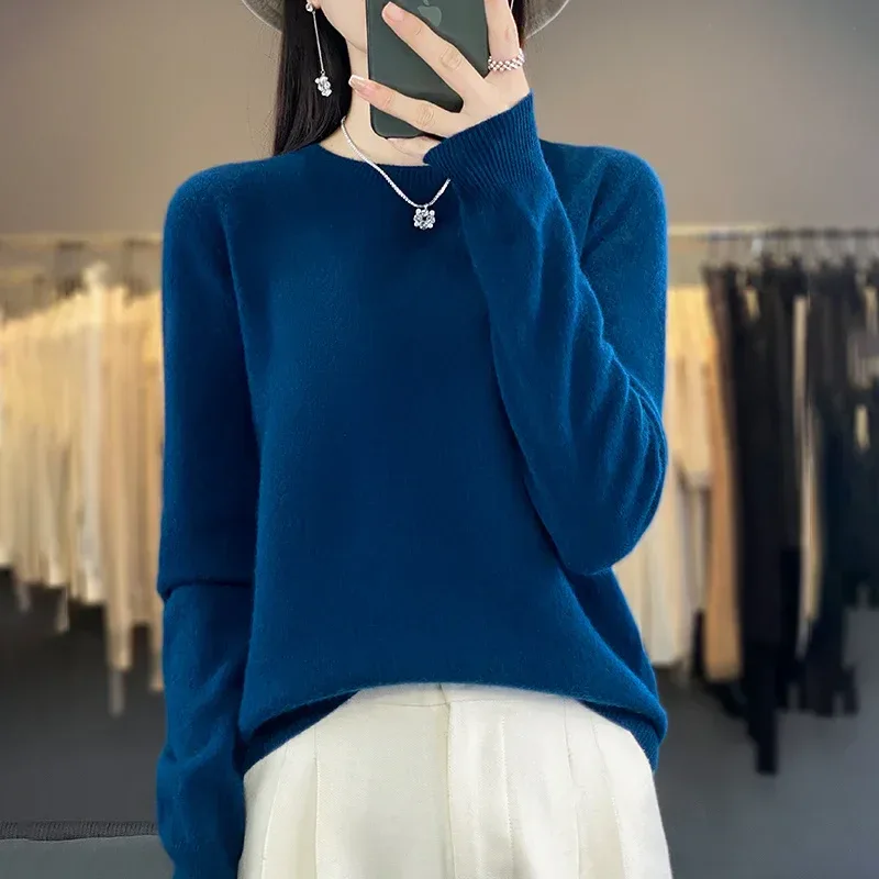 100% Merino Wool Sweater Women O-neck Cashmere Knitwear Female Pullover Autumn Winter Casual Tops Solid Color Soft Clothing - Image 63