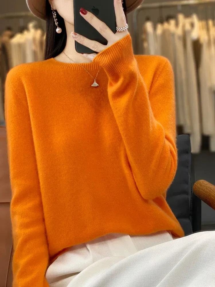 100% Merino Wool Sweater Women O-neck Cashmere Knitwear Female Pullover Autumn Winter Casual Tops Solid Color Soft Clothing - Image 69