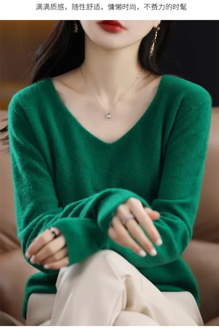 100% pure wool 2024 autumn and winter new cashmere sweater women's V-neck pullover fashion solid color long sleeve pullover - Image 35