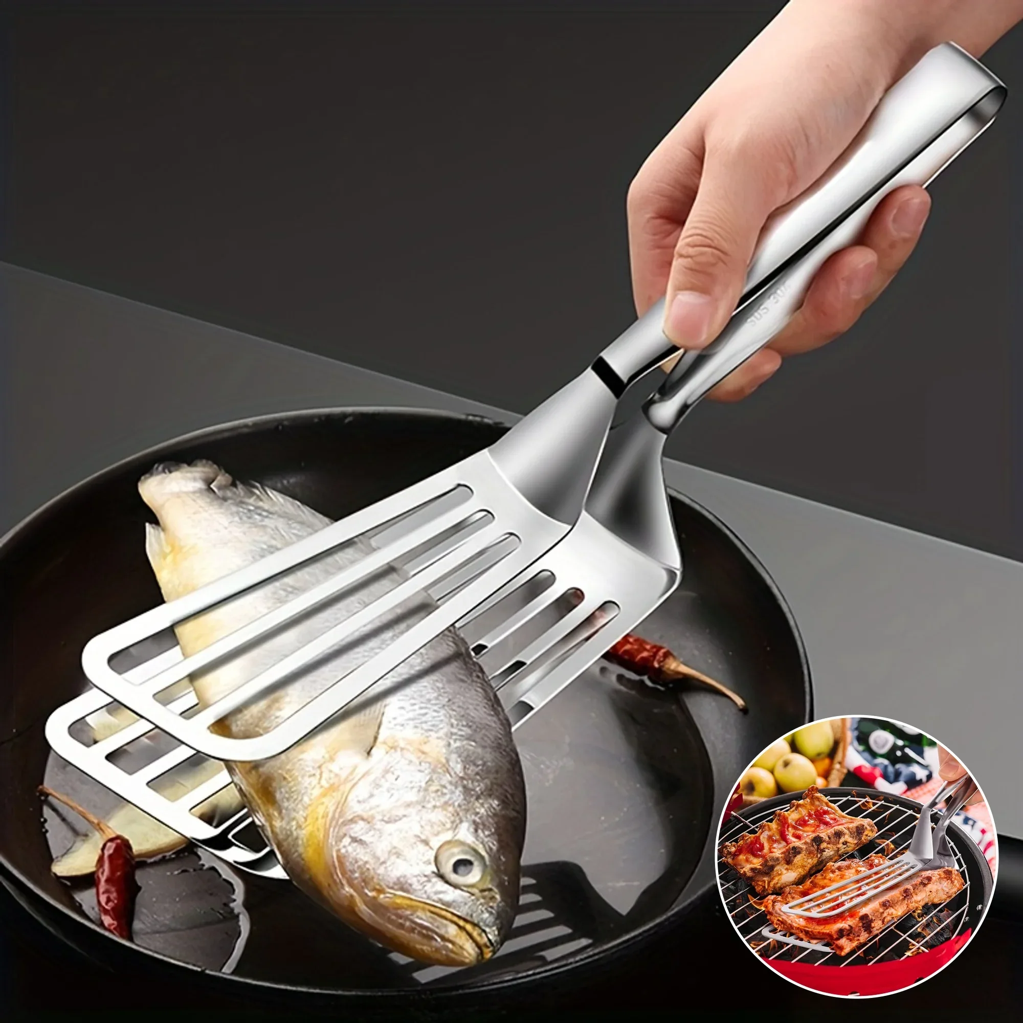 1pc, Multifunctional Stainless Steel Serving Tongs for Buffet, Fish Frying, Bread, Steak, Salad, and Dessert - Kitchen Tools for Effortless Food Prep and Presentation