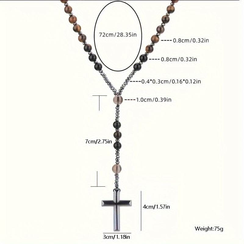 1pc Natural Tiger Eye Round Bead Long Chain Necklace with Hematite Cross Rosary Beads, Men's Jewelry for Spiritual Style - Image 11